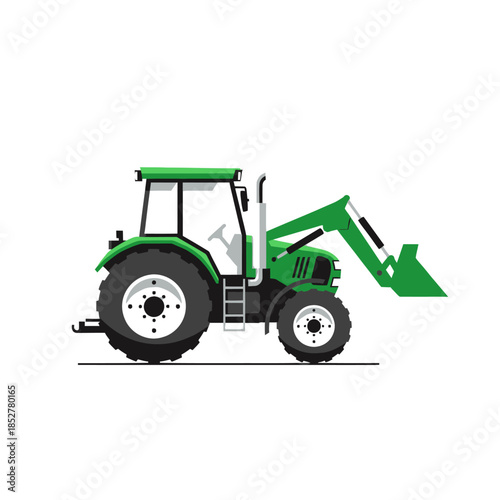 Stylized illustration of a green agricultural tractor with front loader attachment for farming