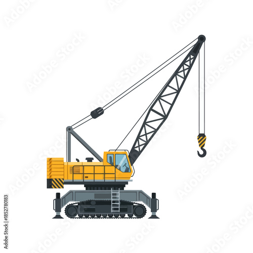 Modern construction crane with detailed arm and pulley system used for heavy lifting and