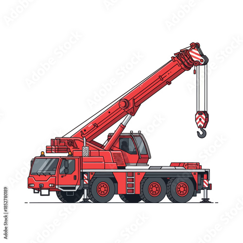 Detailed illustration of a vibrant red mobile crane with extended boom for construction and