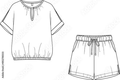 Keyhole Blouse and Drawstring Shorts Technical Fashion Illustration Drawing Vector Mockup for Designer Apparel Clothing CAD Template Beach Resortwear