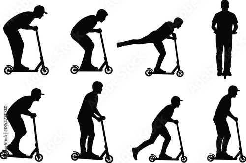 Kick Scooter Rider Silhouette Collection, Man Doing Tricks and Riding, Freestyle, Urban Sport, and Extreme Activity Icon Set, Isolated Vector Illustration