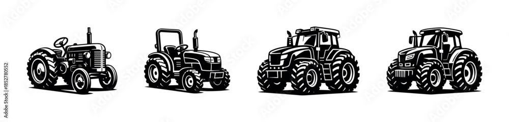 Obraz premium Vintage and modern tractors, flat vector illustration, farming vehicles, machinery