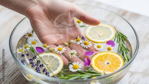 Hand soaking in a glass bowl of water with fresh citrus slices, chamomile flowers, lavender sprigs, and rosemary for a relaxing spa treatment.