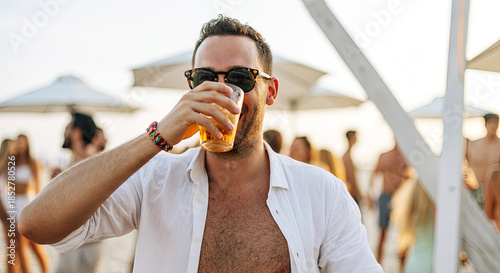 Young man enjoying a refreshing drink at a beach party, wearing sunglasses and a white shirt, surrounded by sunbathers and umbrellas, capturing a vibrant summer atmosphere