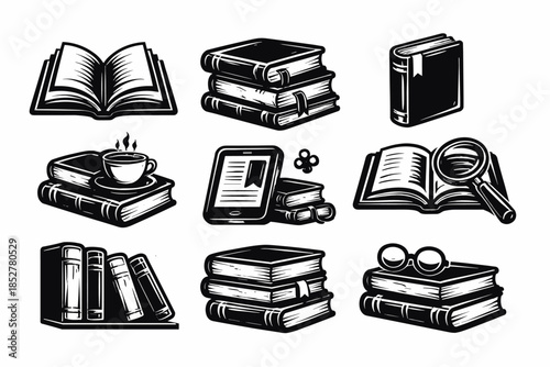 Books and reading icons, library, tablet, magnifying glass, flat vector illustration