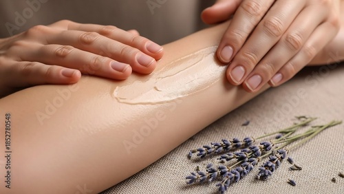 Hands applying a light-colored, creamy substance to a person's arm, with a sprig of lavender nearby.