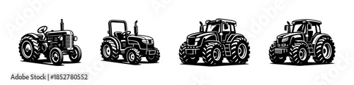 Vintage and modern tractors, flat vector illustration, farming vehicles, machinery
