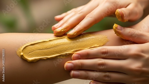 Hands applying a thick, golden paste with a smooth, creamy texture to skin, suggesting a spa treatment or natural remedy.