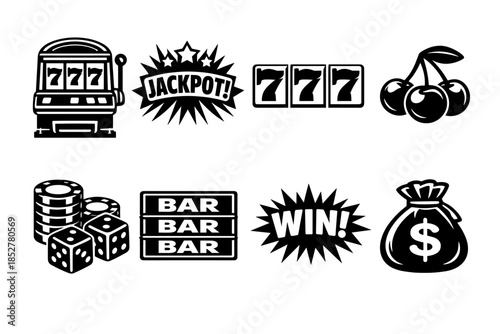 Casino icons set, flat vector illustration, jackpot, slot machine, cherries, dice
