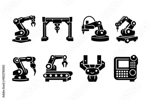 Robotic arm collection, manufacturing machines, industrial tools, flat vector illustration