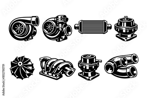 Car engine components, flat vector illustration of turbocharger, automotive icons