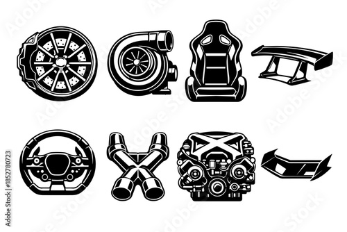 Car parts collection, flat vector illustration of auto accessories, engine, wheels