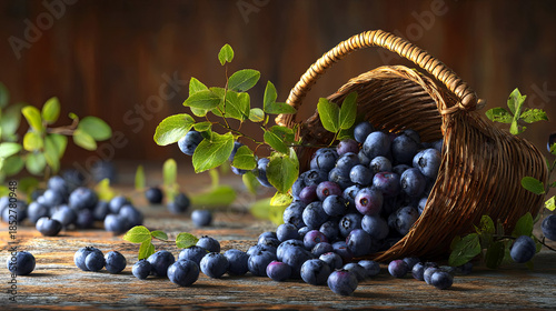 Fresh blueberries spilling from a woven basket onto a rustic wooden table, surrounded by green leaves, creating a vibrant and inviting natural scene
