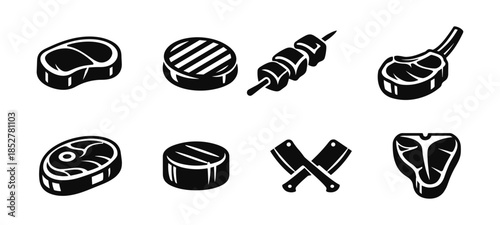 Meat selection, steak, chop, kebab, flat vector illustration in black and white