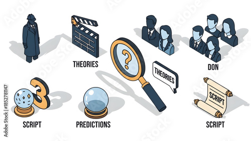 Isometric icons illustrating the stages of strategic planning and problem-solving, including theory generation, predictive analysis, research, team collaboration, and script finalization