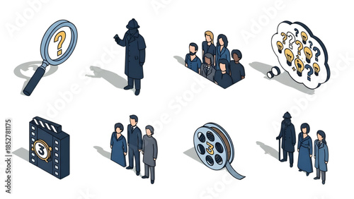 Isometric icons portraying mystery investigation, innovative ideation, audience engagement, and filmmaking elements for creative storytelling and analytical problem-solving projects