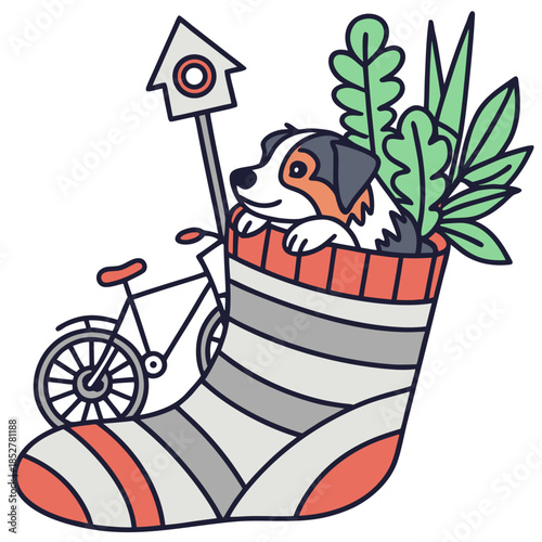Vector illustration of a Shy Australian Shepherd with snuggled in a sock, styled in a Urban Jungle theme using Urban Jungle colors