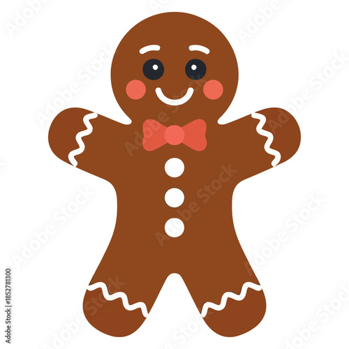 A cheerful gingerbread man cookie wears a red bow tie and three white buttons.