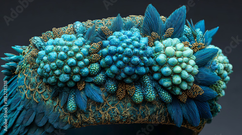 Vibrant blue floral headpiece adorned with intricate textures and rich details, showcasing a stunning blend of colors and materials, perfect for artistic expression and fashion design