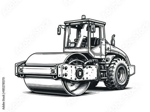 Road roller vector illustration, flat vector construction machine drawing