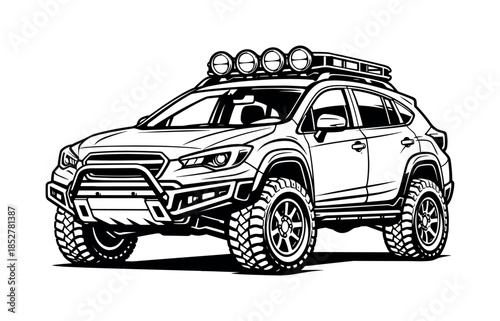 Off-road suv with roof lights, flat vector illustration, all terrain, adventure