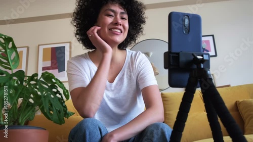 Influencer woman live streaming about houseplants