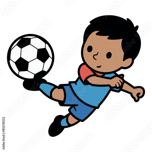 A cartoon boy kicks a soccer ball into the air with his foot during a game.