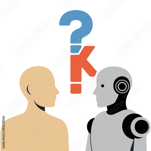 Humanoid robot and human face each other, questioning the future of artificial intelligence.