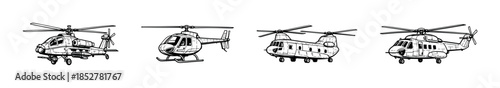 Helicopter set, military and civilian aircraft, flat vector illustration