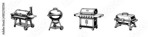 Barbecue grill set, flat vector illustration, bbq, smoker, outdoor cooking