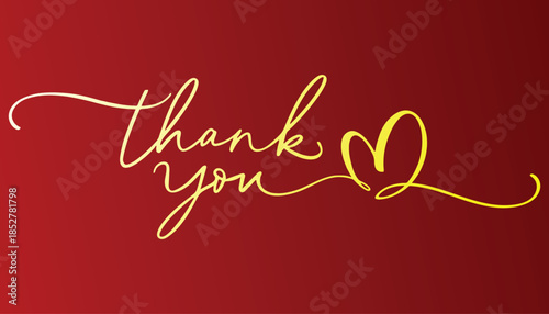 This image features a beautifully designed thank you note with the words 'thank you' written in an elegant, cursive font. The text is in a golden color, set against a rich red background. 