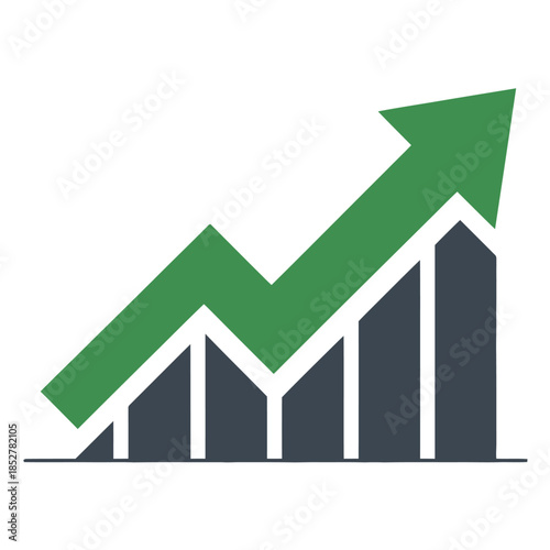 A growing green arrow shows an upward trend on a bar chart, representing business growth.