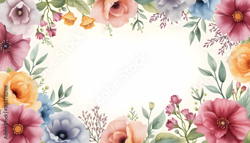 This design showcases a vibrant floral border with an assortment of flowers including roses and anemones, creating an inviting frame for text. Ideal for cards or invitations.