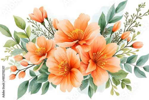 A stunning display of orange blossoms with delicate green leaves fills the composition, evoking a sense of freshness and vitality, perfect for enhancing any springtime atmosphere.