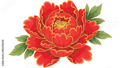 Chinese New Year peony flower vector with bright red petals and gold accents
