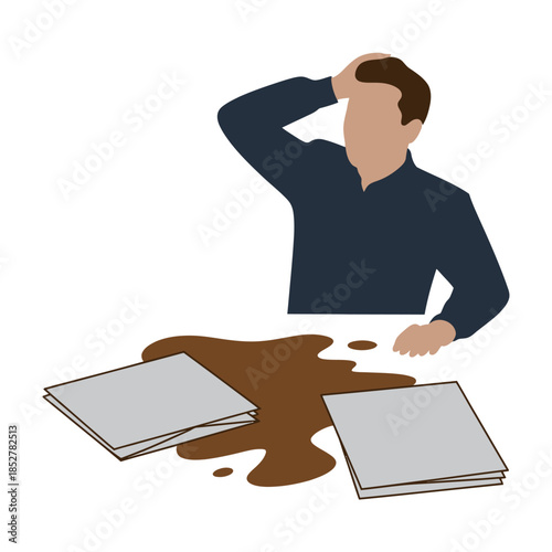 A person holds their head in frustration after spilling coffee on documents.