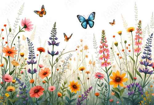 Vibrant wildflower meadow with butterflies fluttering above colorful blooms in bright daylight