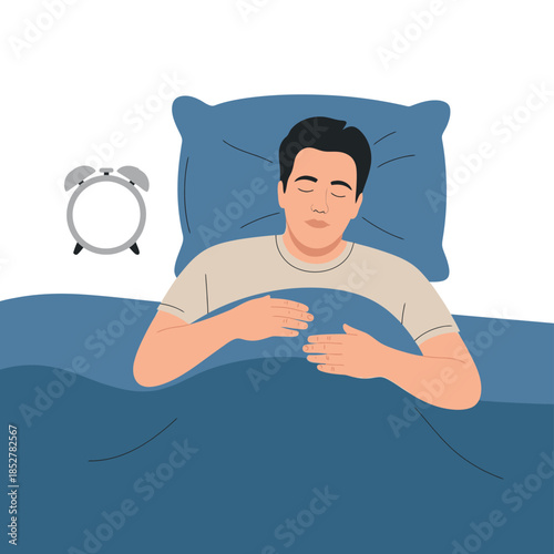 A peaceful man sleeps soundly in bed next to an alarm clock.