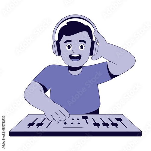 A man wearing headphones operates a DJ mixing board, enjoying the music.