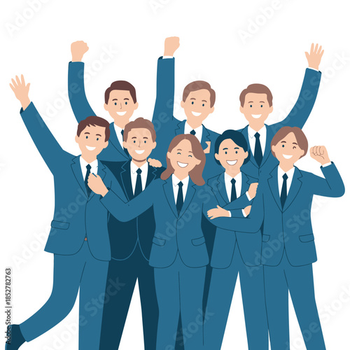 A diverse group of smiling business professionals celebrates their success together