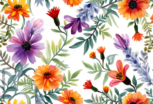 Vibrant floral pattern featuring a variety of blooming flowers and lush greenery on a bright background