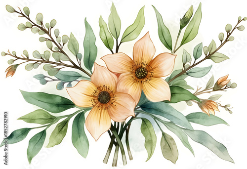 Beautiful bouquet of soft peach flowers with green leaves and delicate buds arranged harmoniously on a white background