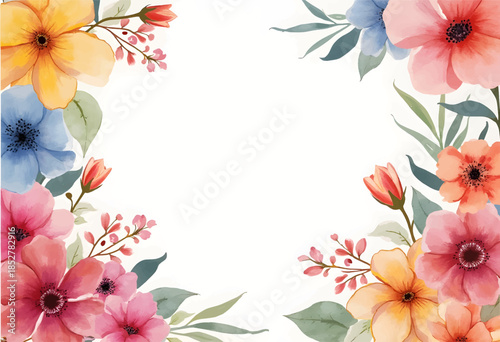 Colorful floral arrangement with watercolor style blooms on a blank background for invitations and decor