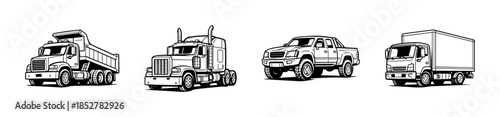 Trucks collection, cargo, construction and utility, flat vector illustration