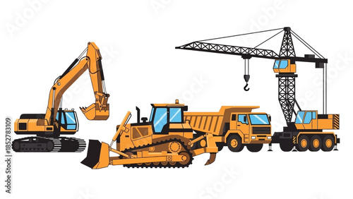 Construction Vehicles - Excavator, Bulldozer, Dump Truck, and Crane Illustration.
