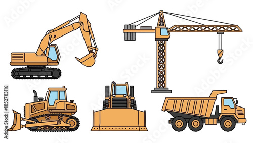 Construction Vehicles - Excavator, Crane, Bulldozer, and Dump Truck Illustrations.