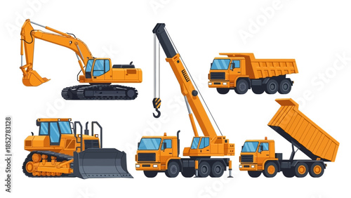 Construction Vehicles - Excavator, Crane, Bulldozer, and Dump Trucks.