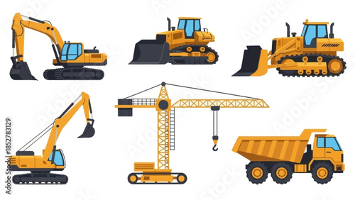 Construction Vehicles - Excavators, Bulldozers, Crane, and Dump Truck.