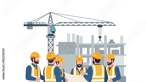 Construction Workers Discussing Plans at a Building Site.