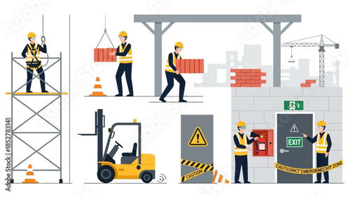 Construction Workers in Various Safety Scenarios at a Construction Site.
